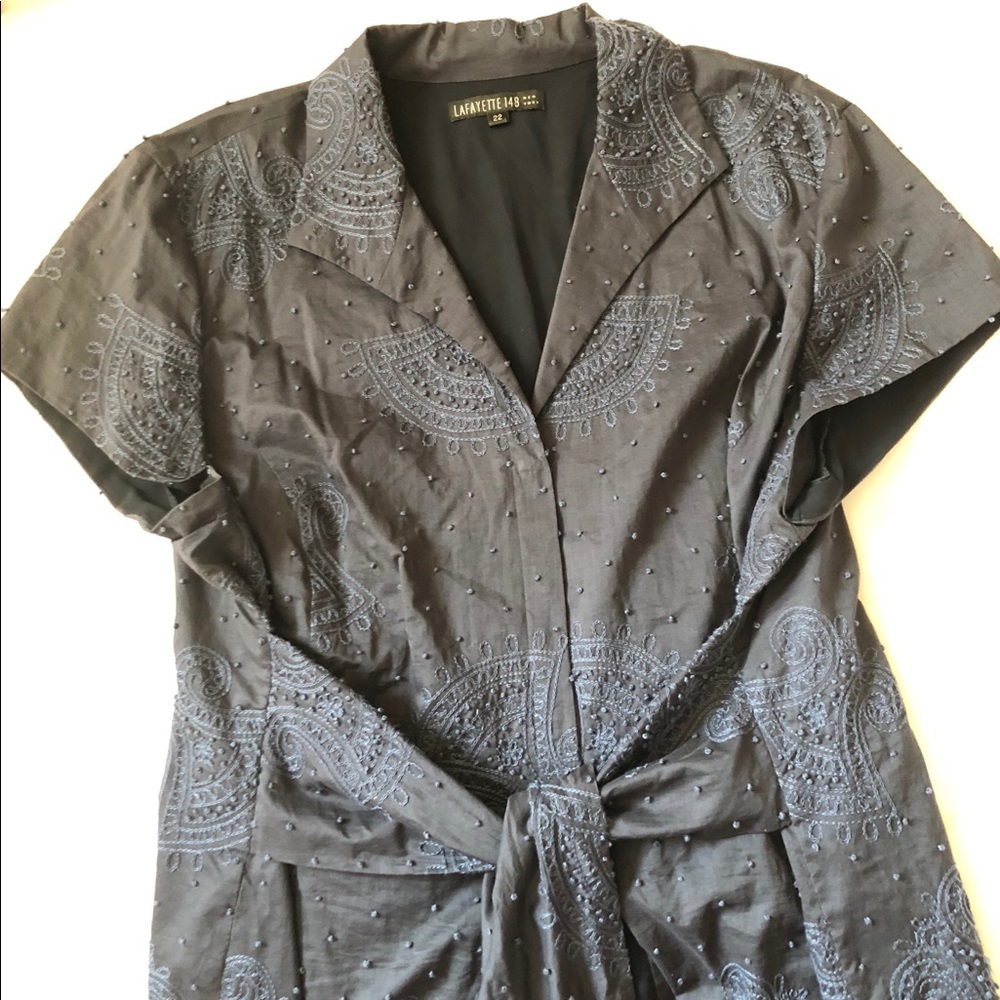 Lafayette 148 NY Navy Embroidered Button-up Top